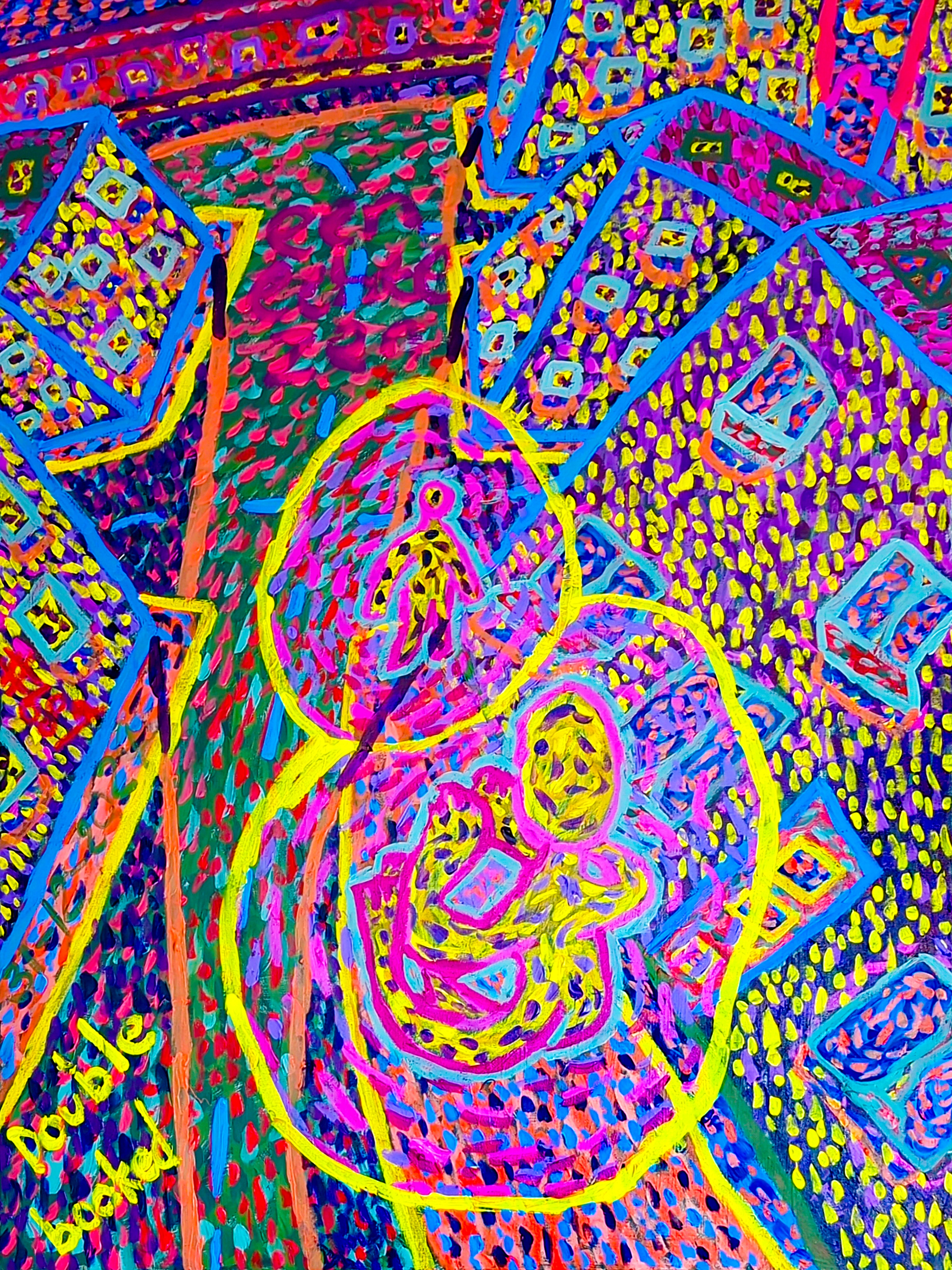 Double booked By Dutch Den Bosch Artist Zen Dageraad, Art piece (painting) about: family walks anxiety wasting-time self-portrait love travel story