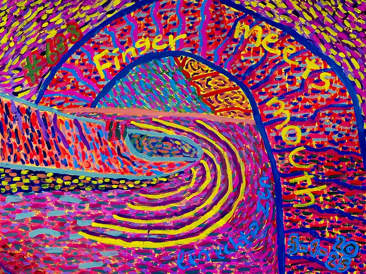 An expressive abstract painting by Bencha, vibrant with fuchsia, magenta, and blue, suggesting warmth and playful intimacy, ideal for a welcoming entryway.