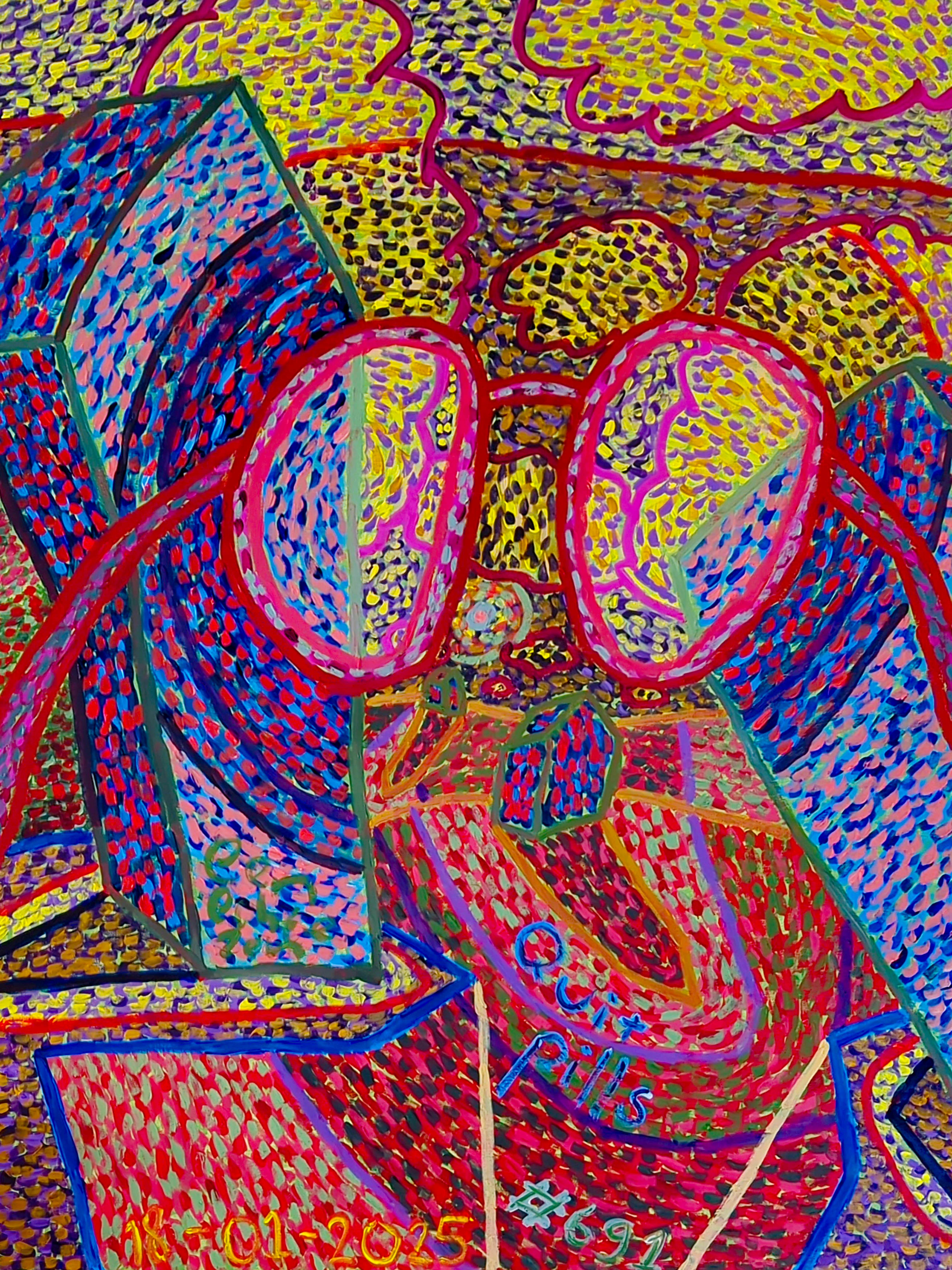 Quit Pills By Dutch Den Bosch Artist Zen Dageraad, Art piece (painting) about: drugs anxiety walks wasting-time self-portrait story