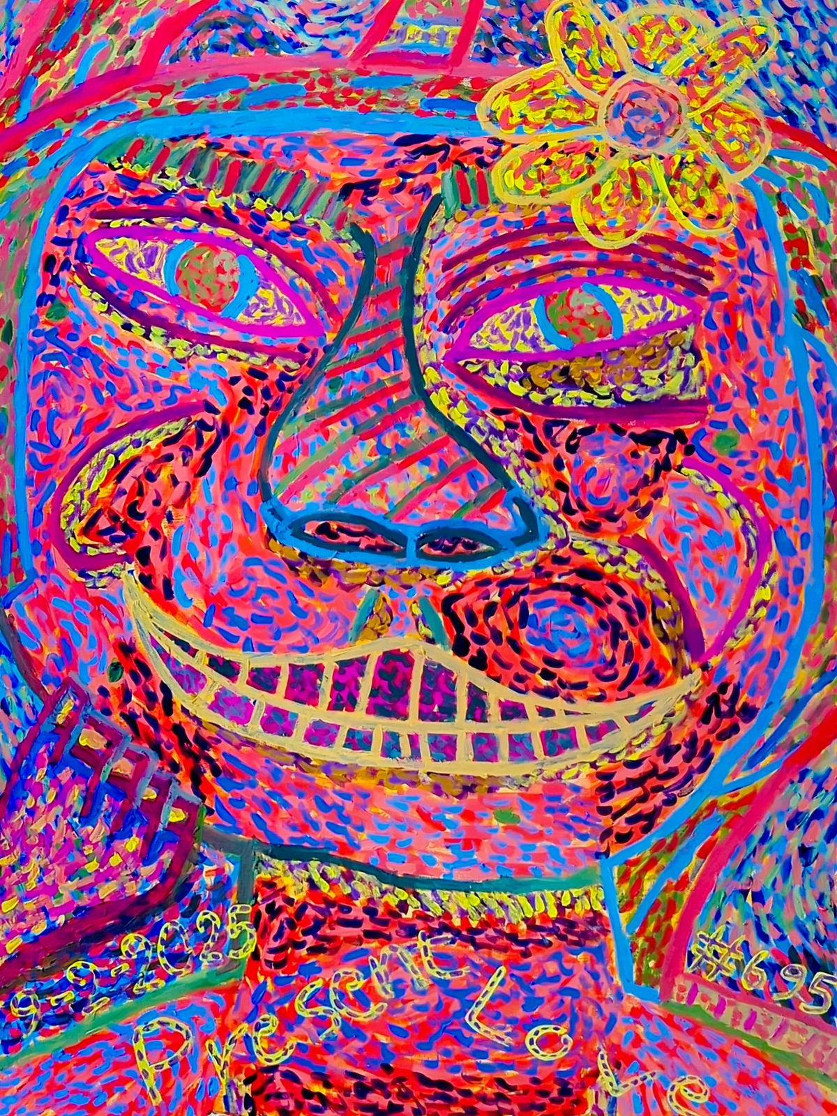 Love, feelings, emotion, confusion, understanding, anxiety, acceptance, introspection, human face, portrait, stylized, flower, vibrant colors, neon palette, fluorescent, high contrast, pointillism, expressionism, abstract art, bold lines, impasto, dots, dashes, bright, colorful, vivid, folk art, naive art, personal, girlfriend, desire, self-expression, chaotic, intense, smiling, joyful, uncertainty, complex emotions, contemporary art, modern art