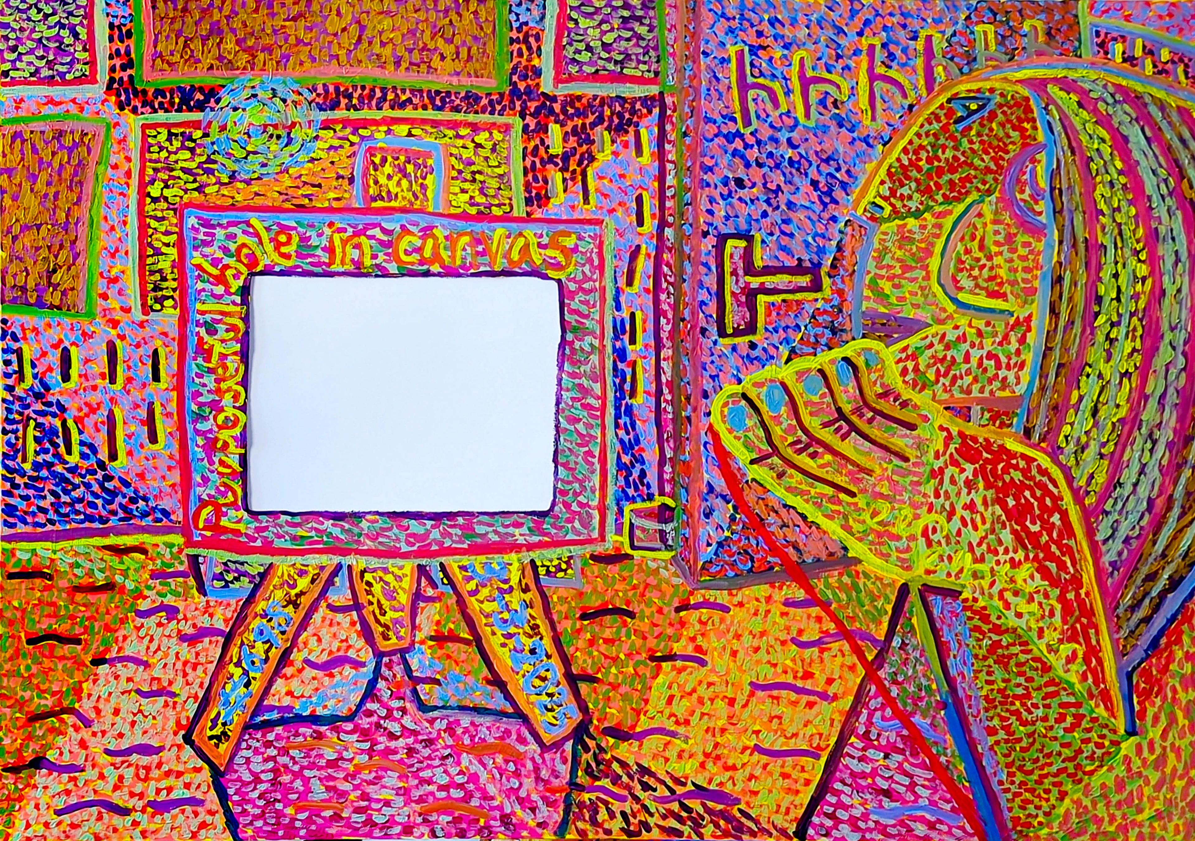 Purposeful hole in canvas By Dutch Den Bosch Artist Zen Dageraad, Art piece (painting) about: den-bosch art family wasting-time self-portrait story