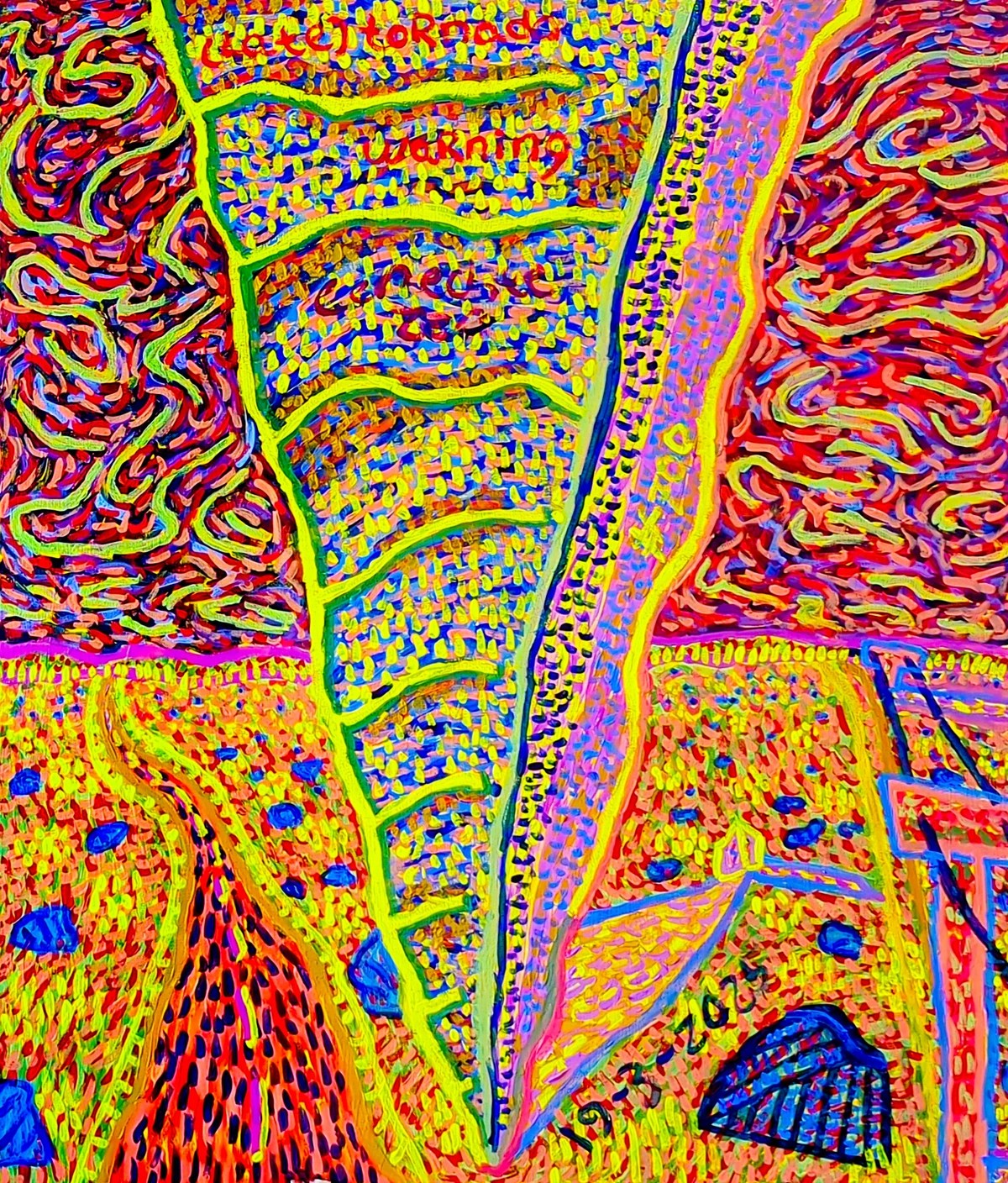 Tornado, Warning, Fear, Worry, Anxiety, Childhood memory, Motherhood, Danger, Imminent threat, Unexpected events, Lateness, Survival, Imagination, Landscape, Funnel shape, Swirling patterns, Dotted texture, Pointillism, Expressionistic, Naive art, Outsider art, Abstract, Vibrant colors, Neon palette, High contrast, Saturated, Chaotic, Energetic, Intense, Surreal, Urgent, Reflective, 19-3-2023