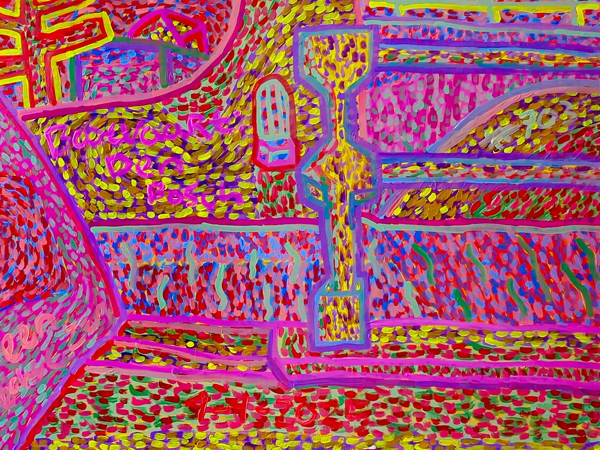 Den Bosch, city, cityscape, boat trip, water, town hall, bench, buildings, text, numbers, window, urban life, local identity, personal connection, art context, appreciation, privacy, memory, nostalgia, love for city, vibrant, energetic, reflective, appreciative, personal, anxious, loving, bright colors, high saturation, impasto, thick brushstrokes, textured, dabs of color, bold outlines, abstracted, stylized, naive art, folk art, expressionistic, map-like, patterned