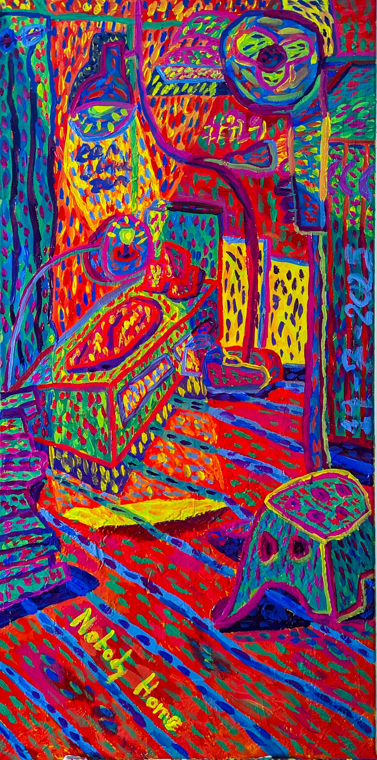 Eenzaamheid, Leegte, Eenzaamheid, Afwezigheid, Interieurscène, Appartement, Kamer, Overgang, Verandering, Relaties, Emotionele Verwerking, Expressionisme, Fauvisme, Levendige Kleuren, Hoog Contrast, Verzadigd, Neon, Gedurfde Penseelstreken, Gestructureerd, Impasto, Pointillistisch, Stippelen, Vertekend Perspectief, Geometrische Vormen, Organische Lijnen, Rood, Blauw, Groen, Geel, Paars, Roze, Reflecterend, Introspectief, Verontrustend