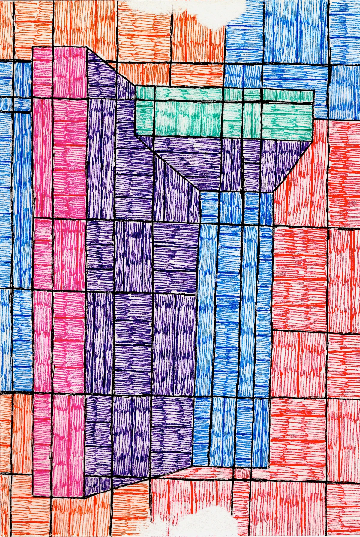 A simple blue geometric abstract painting with repeating lines and color blocking, demonstrating visual order and balance.