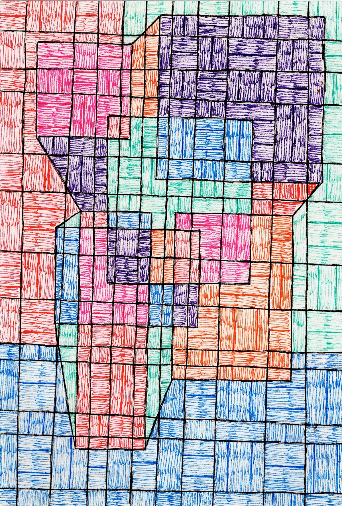 limited color palette, geometric, abstract, grid, colorful, red, pink, purple, blue, green, orange, longing, desire for more color