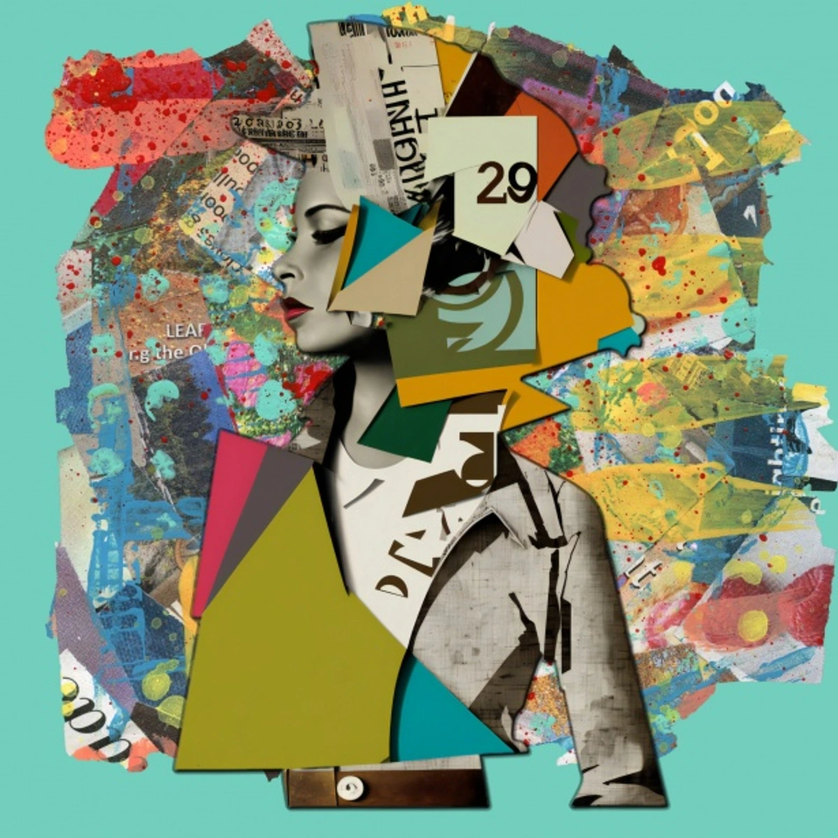 Collage art portrait of a woman with abstract elements and newspaper clippings.