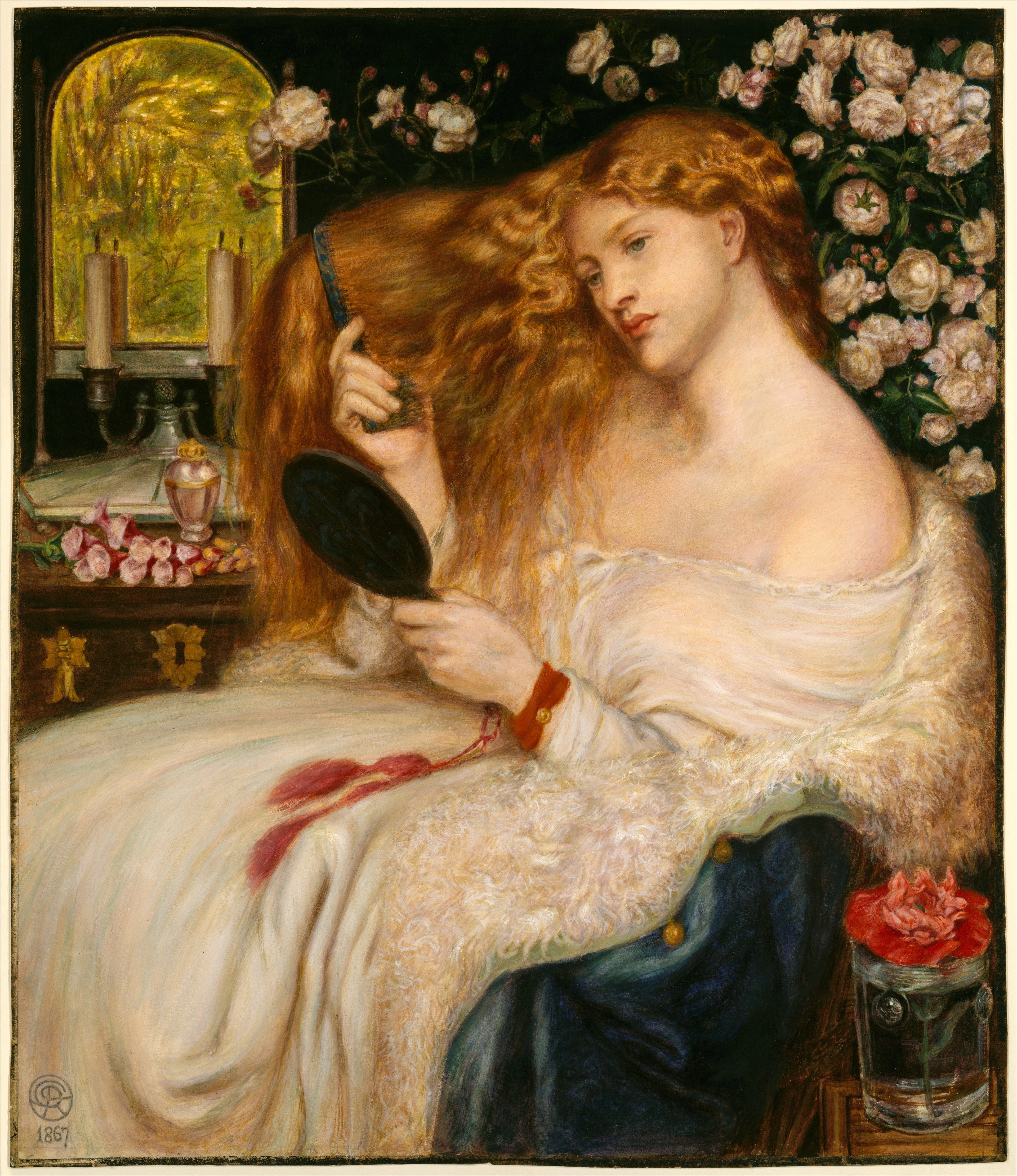 Lady Lilith by Dante Gabriel Rossetti, a pre-Raphaelite painting of a woman with long red hair combing it in front of a mirror, surrounded by roses.