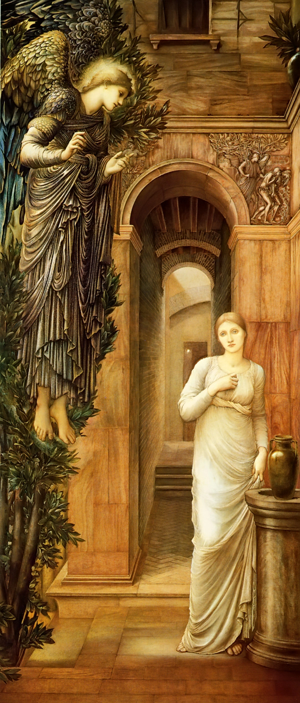 Edward Burne-Jones' The Annunciation painting, depicting an angel and a woman in classical attire within an architectural setting.