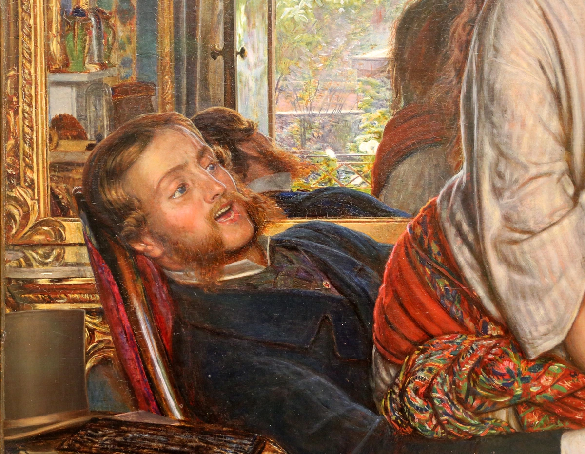 William Holman Hunt's 'The Awakening Consciousness' (1853), depicting a man in distress and a woman in the background, set in a richly decorated room with a view of a garden.