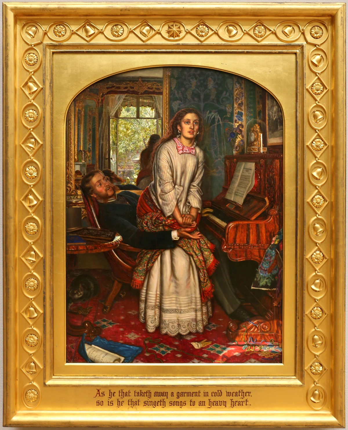 The Awakening Conscience by William Holman Hunt, showing a man and woman in a richly decorated room, with the woman looking away from the man towards the light.
