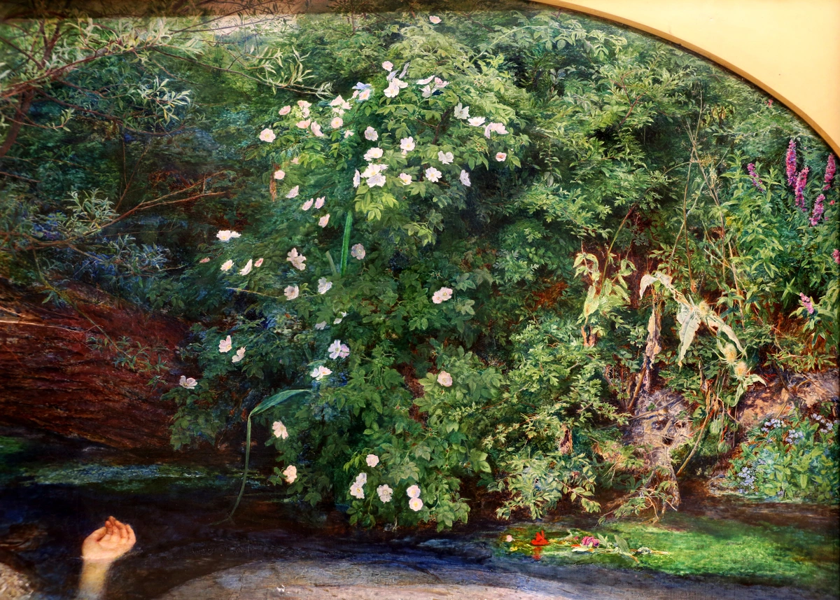 Ophelia by John Everett Millais, a Pre-Raphaelite masterpiece depicting a young woman drowning in a river surrounded by nature.