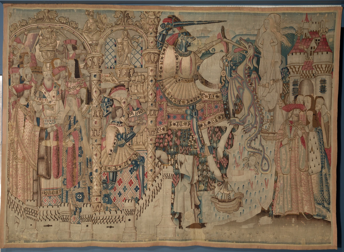 Tapestry depicting the story of Perseus and Andromeda, featuring a knight in armor battling a dragon, with Andromeda chained to a rock and a castle in the background.