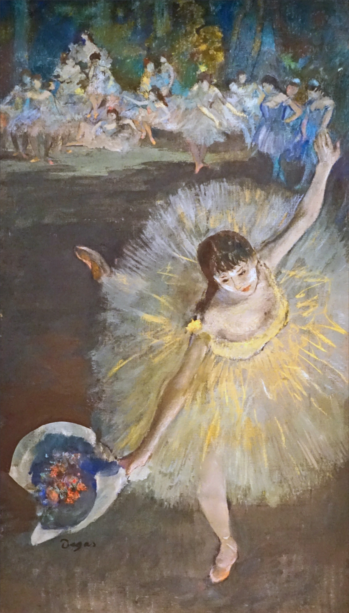 Edgar Degas' 'Fin d'arabesque' painting of a ballerina in a yellow tutu holding a bouquet.