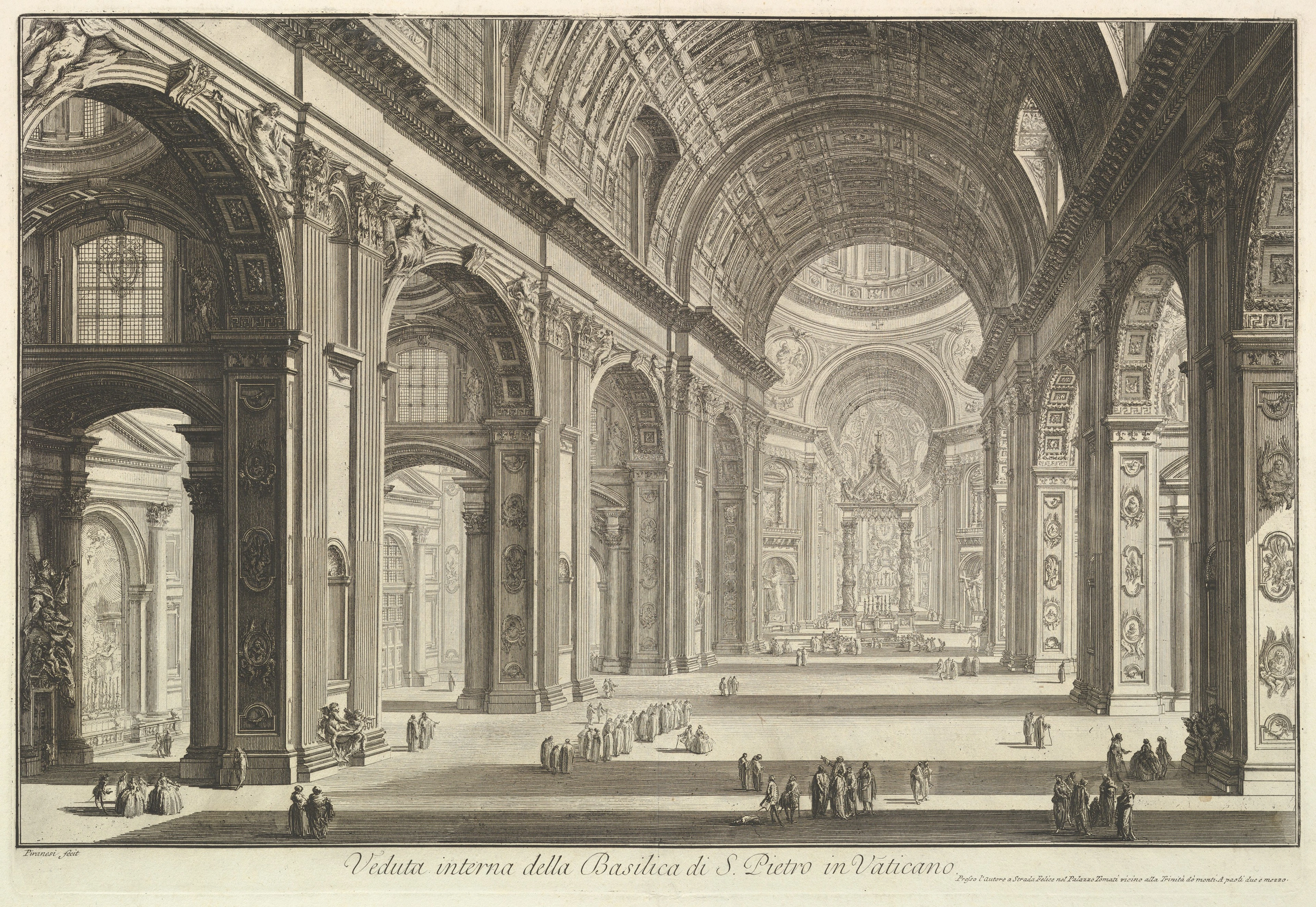 Interior view of St. Peter's Basilica in the Vatican, showcasing its grand architecture and a congregation of people.