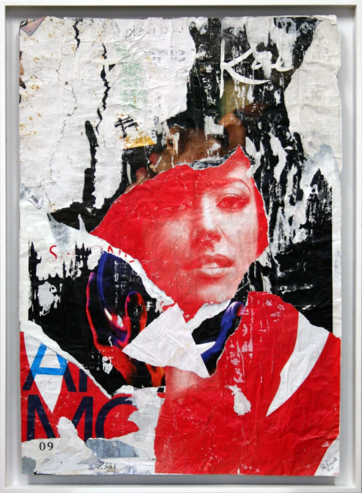 Decollage artwork by Pola Brändle titled 'Magical', featuring a torn portrait of a woman with red, black, and white elements.