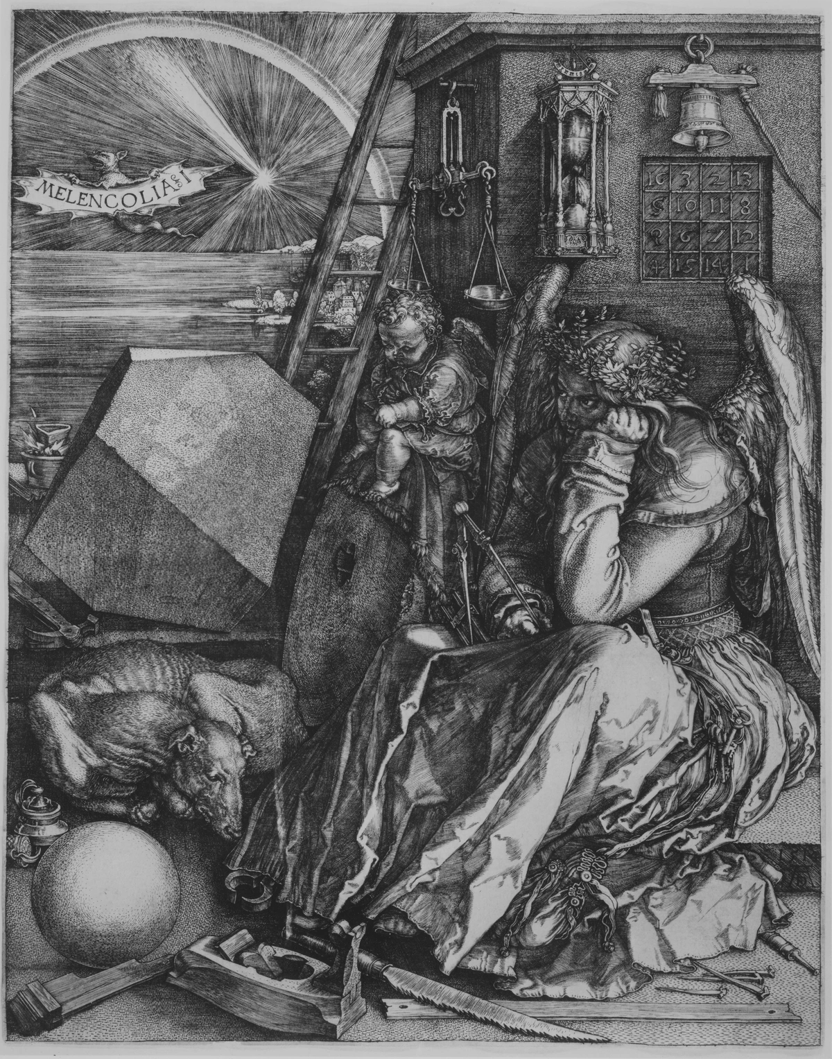Albrecht Dürer's Melencolia I engraving, featuring a winged allegorical figure surrounded by tools and symbols of knowledge and despair.