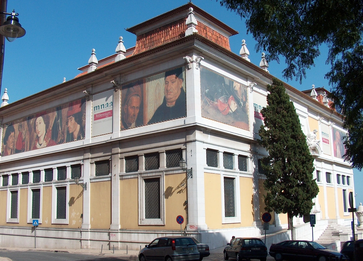 The Museu Nacional de Arte Antiga in Lisbon, Portugal, showcasing its classical architecture and exterior art installations.