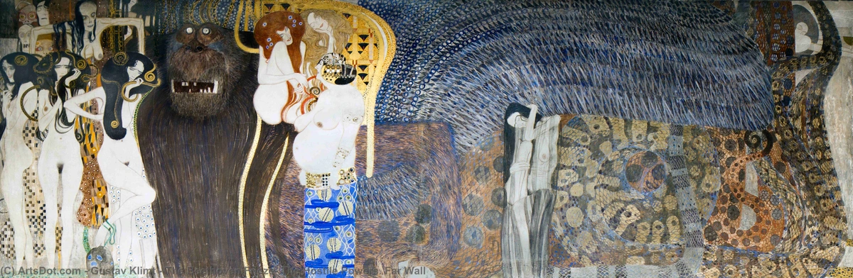 Gustav Klimt's The Beethoven Frieze: The Hostile Powers, Far Wall, depicting mythological figures and a large ape-like creature.