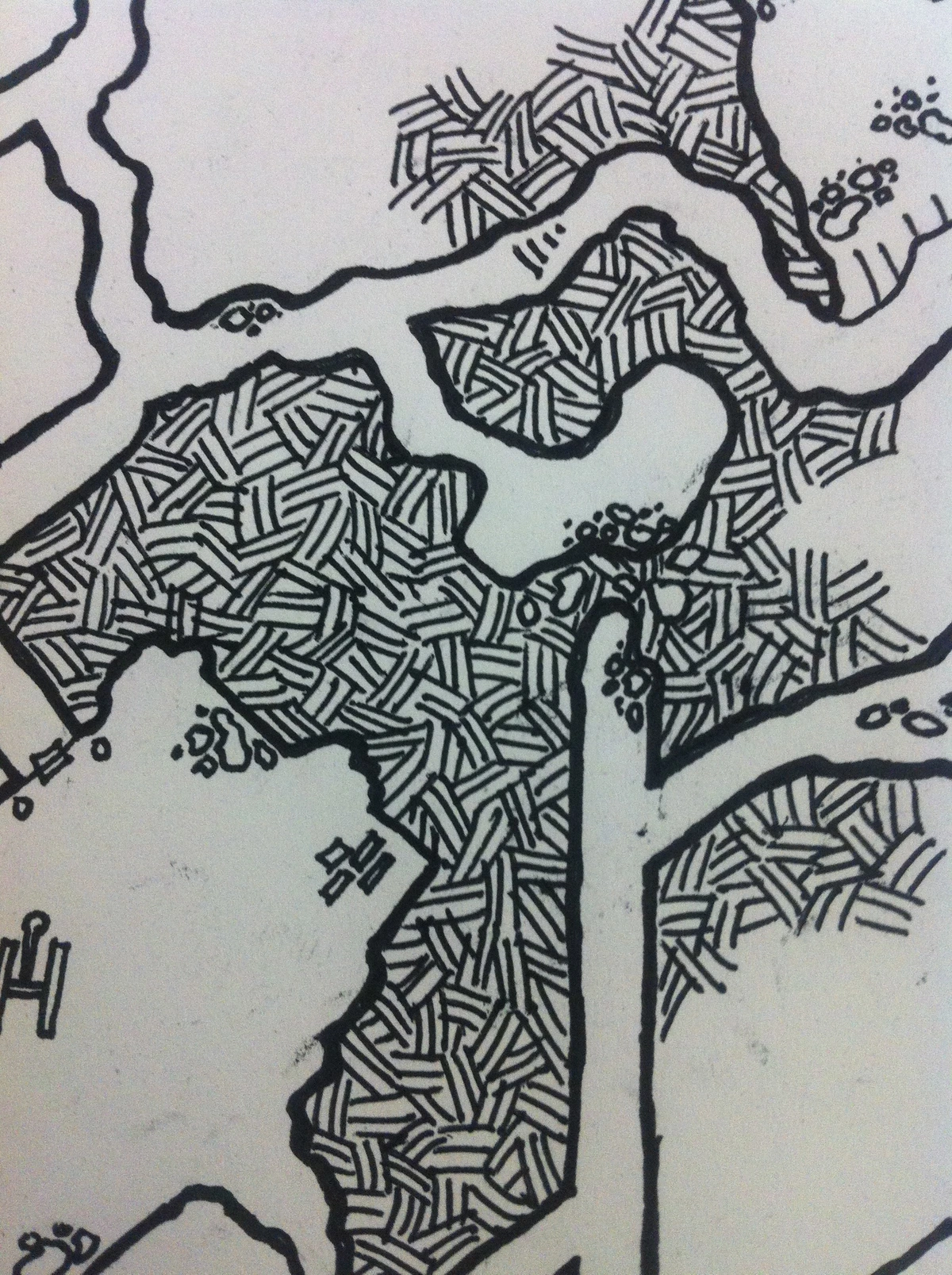 Hand-drawn dungeon map featuring intricate cross-hatching for texture and shading