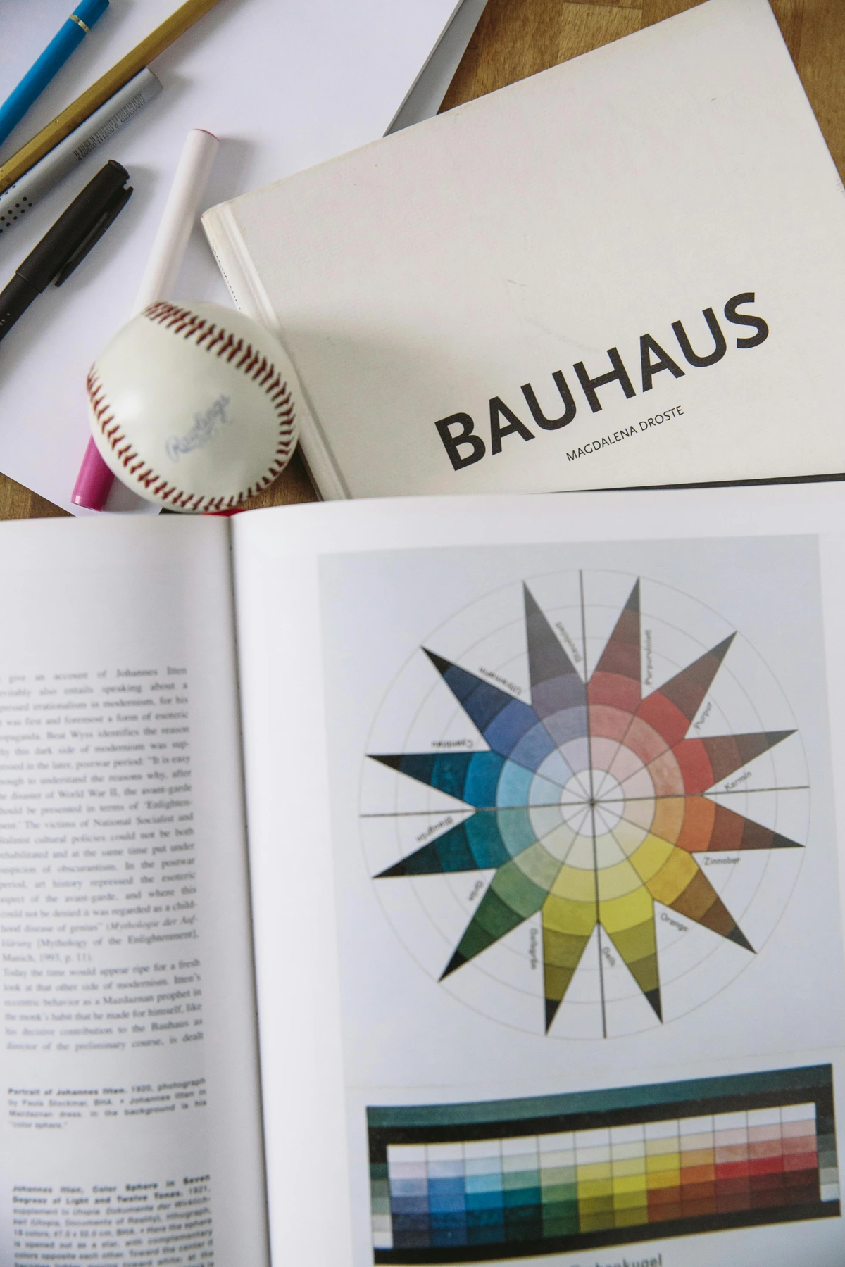 Art tips for beginners featuring Bauhaus book and color wheel on a study table