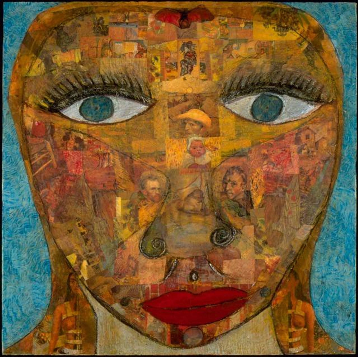 A mixed media collage portrait of Penny 1997 by Anne Grgich on canvas, featuring a face constructed from fabric, paper, and textures, exploring human themes through layered artistic techniques.
