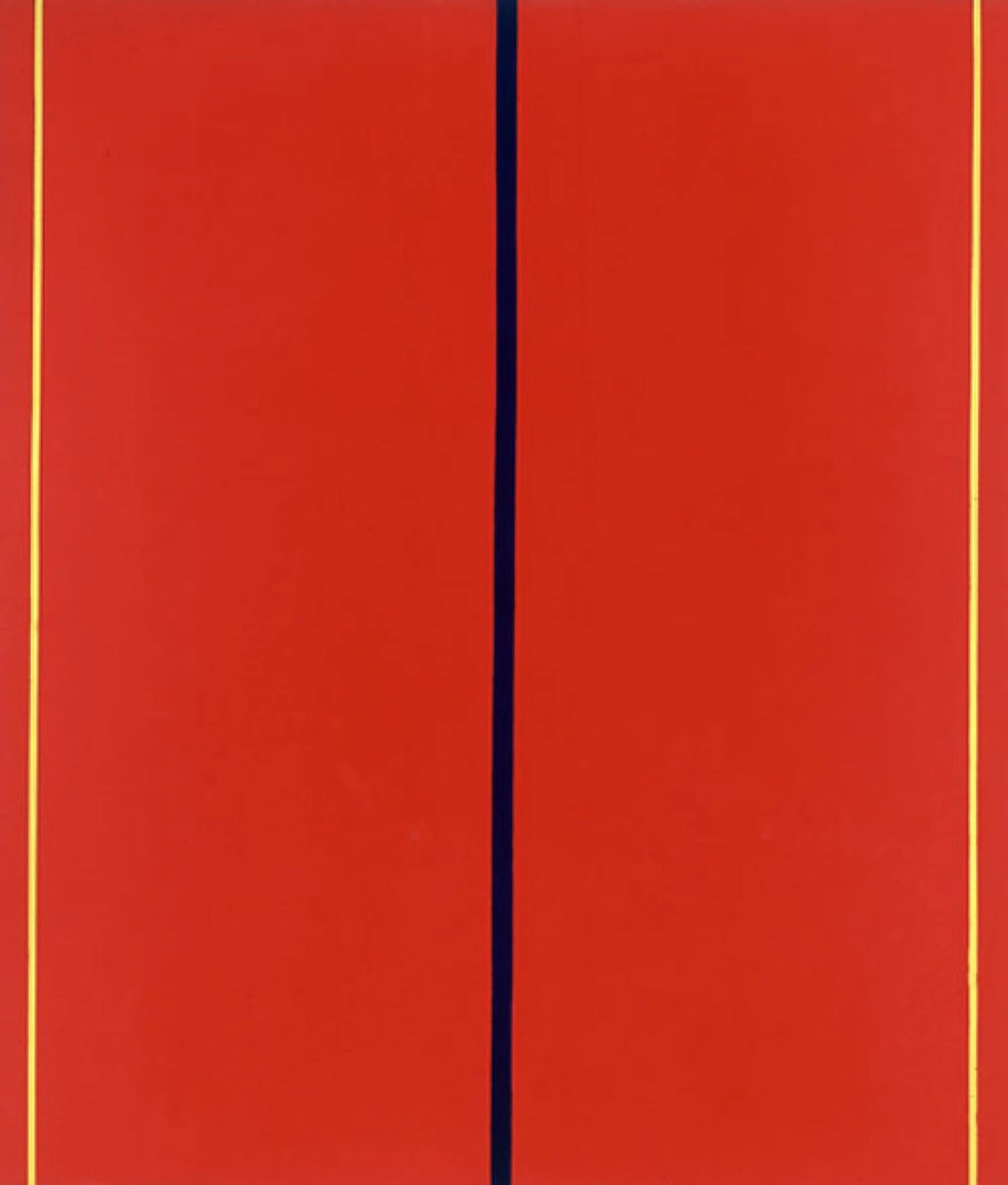 Barnett Newman - Who's Afraid of Red, Yellow and Blue? Vertical canvas with horizontal black line between gold borders.