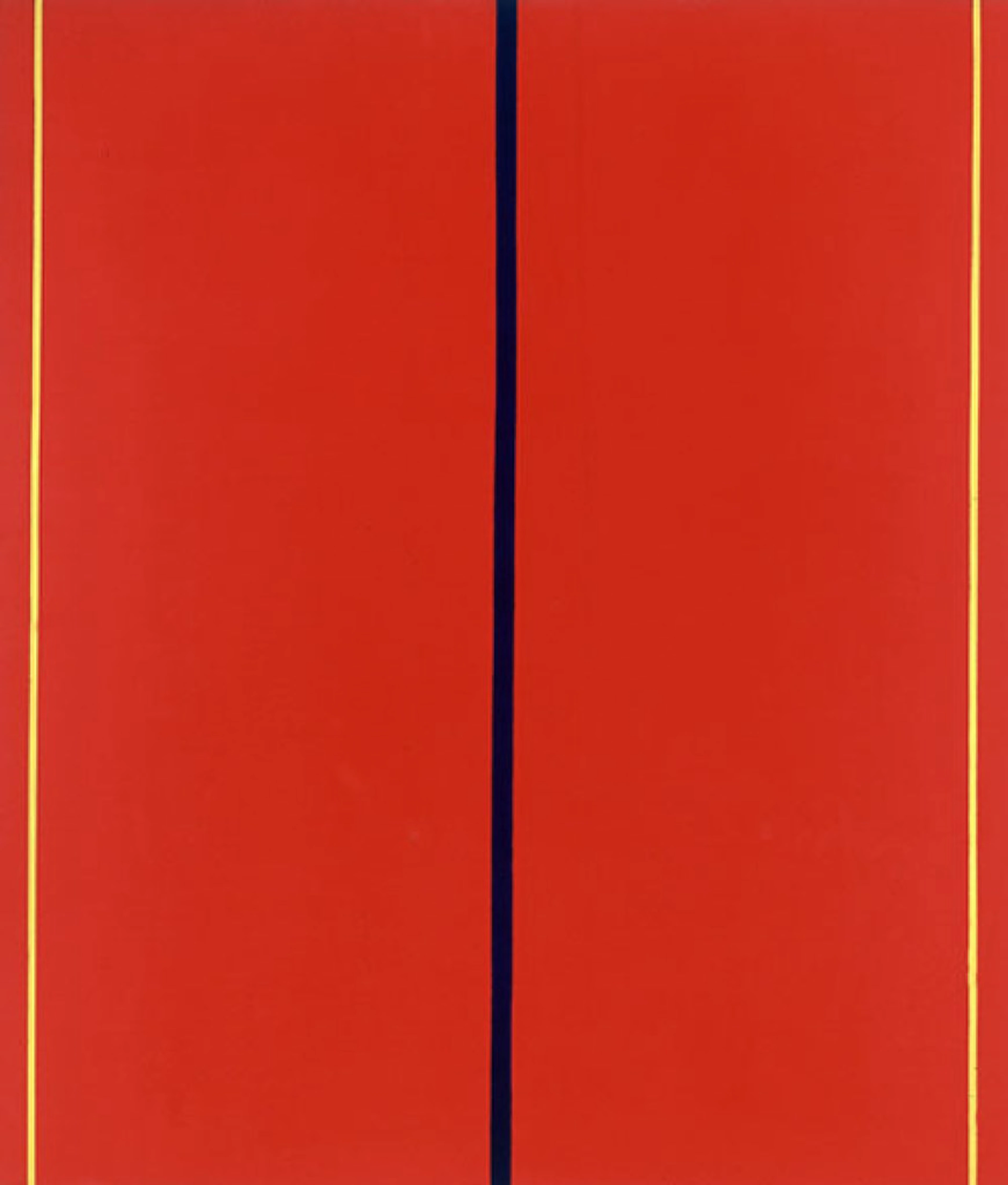 Barnett Newman - Who's Afraid of Red, Yellow and Blue? Vertical canvas with horizontal black line between gold borders.
