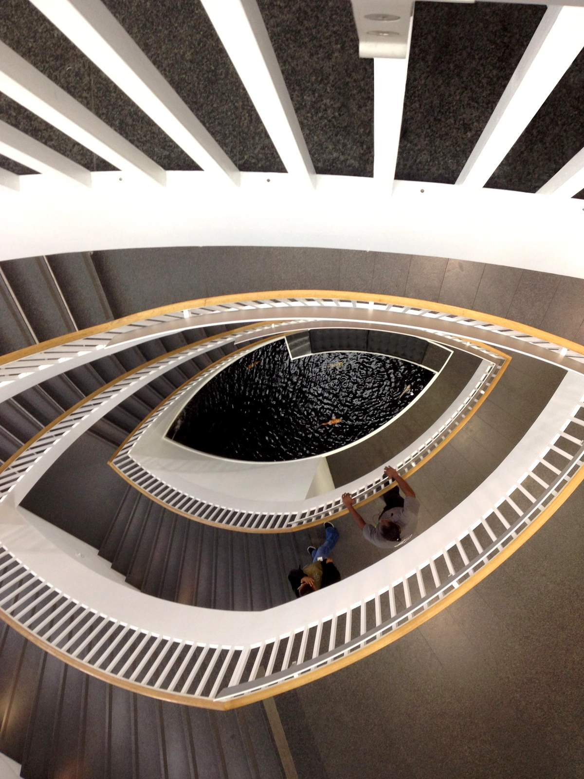 Spiral staircase inside the Museum of Contemporary Art in Chicago, with a view down to a water feature.