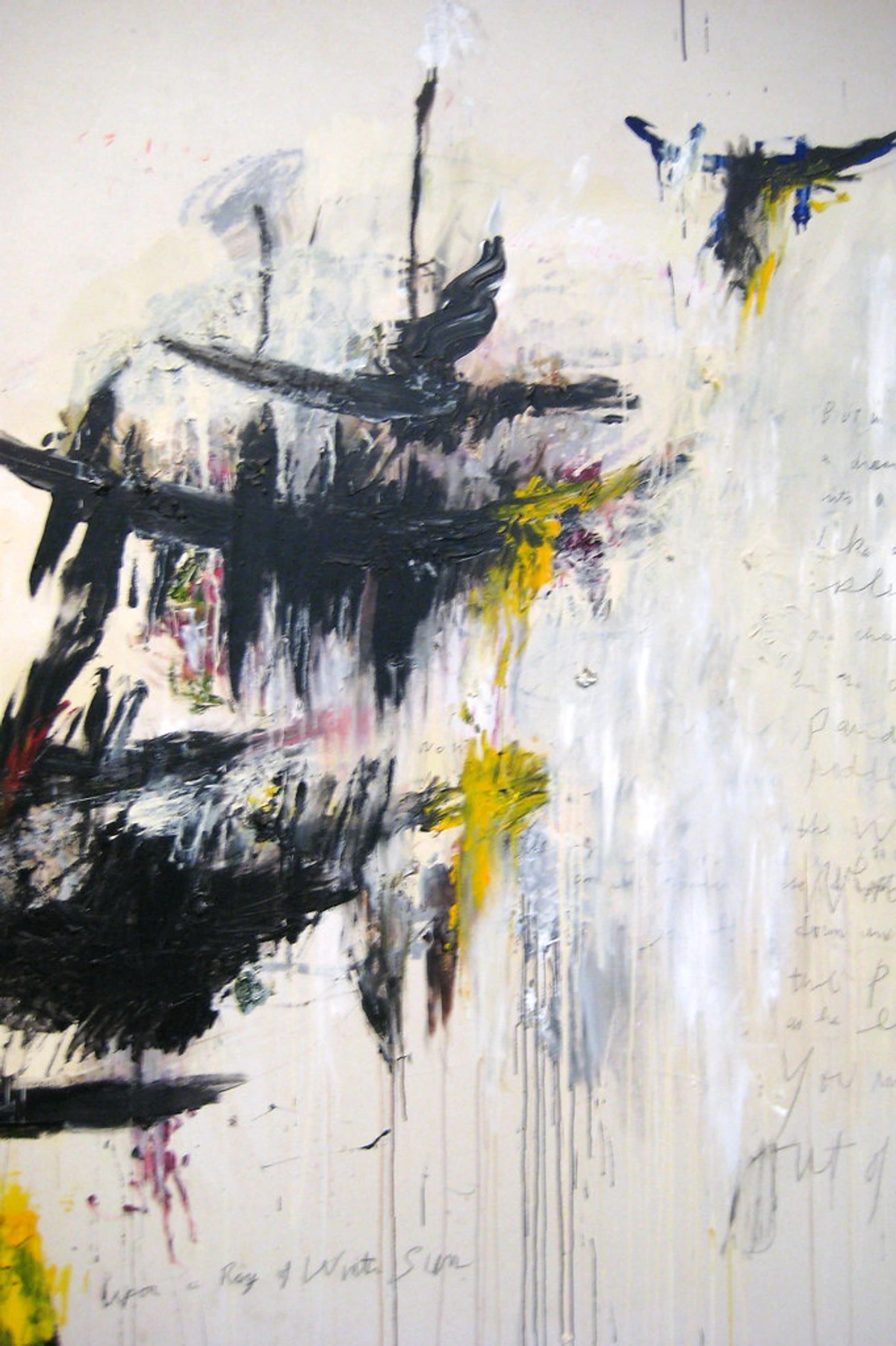 Cy Twombly's The Four Seasons: Spring and Summer abstract paintings at MoMA, New York City. Bold black strokes, yellow accents, and white splatters create a dynamic composition.