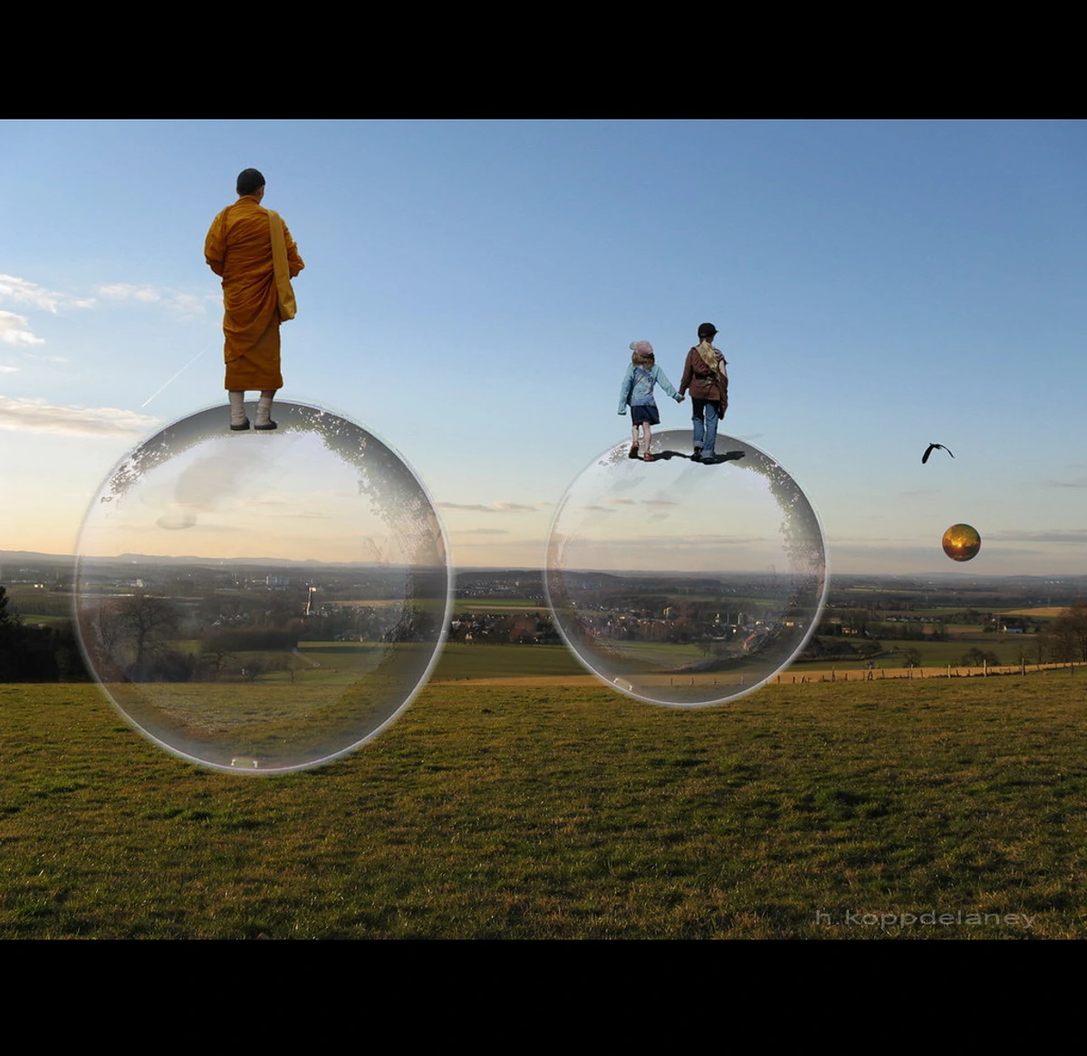 Symbolic representation of Carl Jung's psychological concepts through a lucid dreamer's journey in surreal bubbles above a landscape