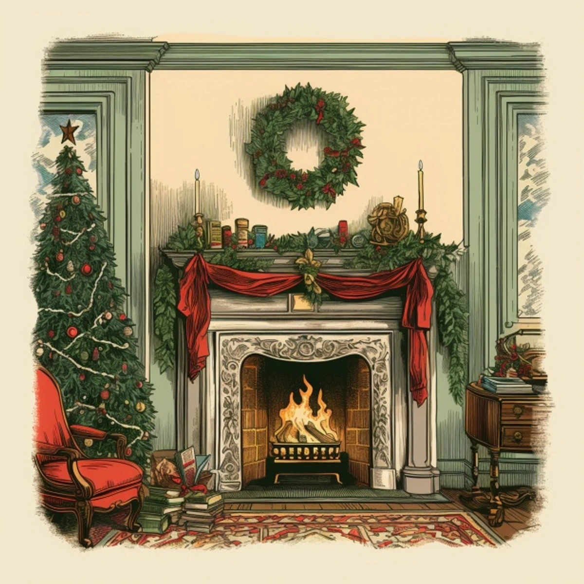 Vintage Christmas fireplace scene with a decorated tree, burning fire, and festive decorations.