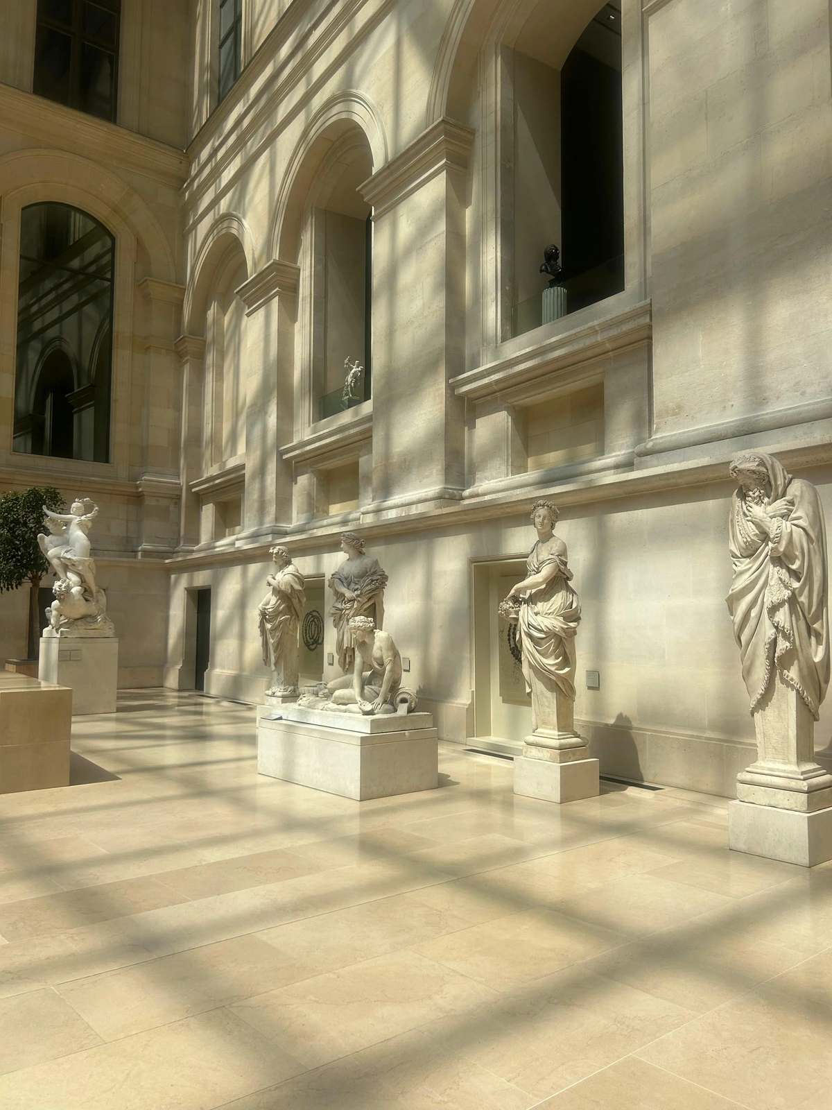 Sunlit Sculpture Gallery with Classical Statues | Free Stock Photo of Timeless Art Collection in Modern Setting