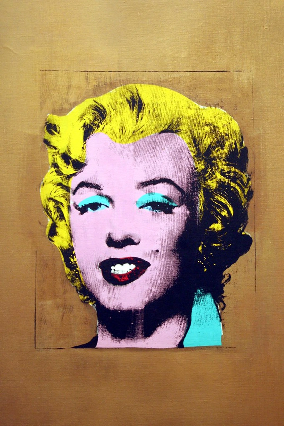 Gold Marilyn Monroe art reproduction by Andy Warhol as rendered on Flickr, a gold monkey art reproduction.