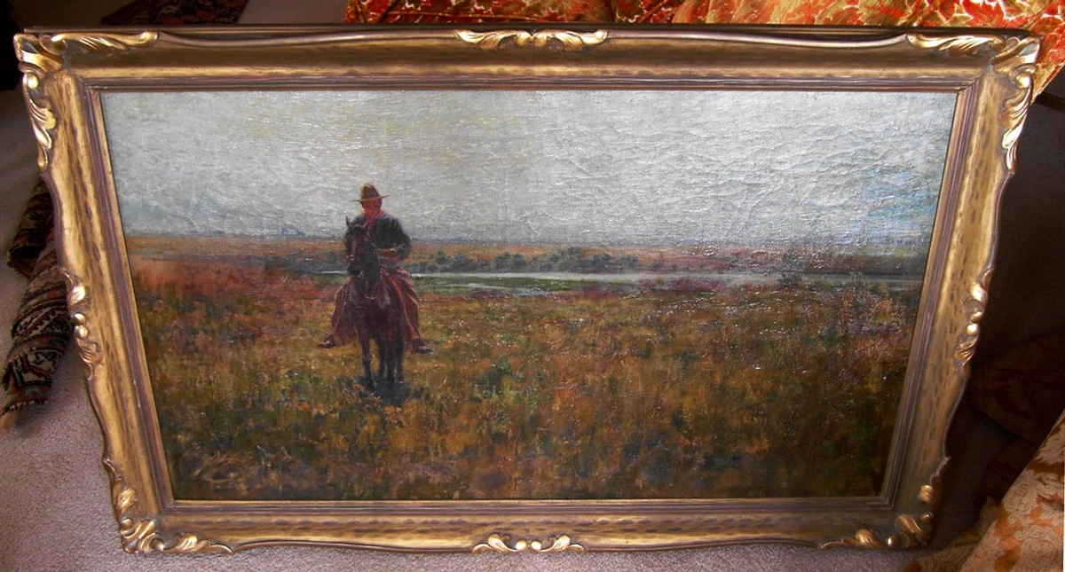 A classical landscape painting 'Home Sweet Home' by J.S. Gordon O.S.A., depicting a figure on horseback in a grassy field with trees and water in the background.
