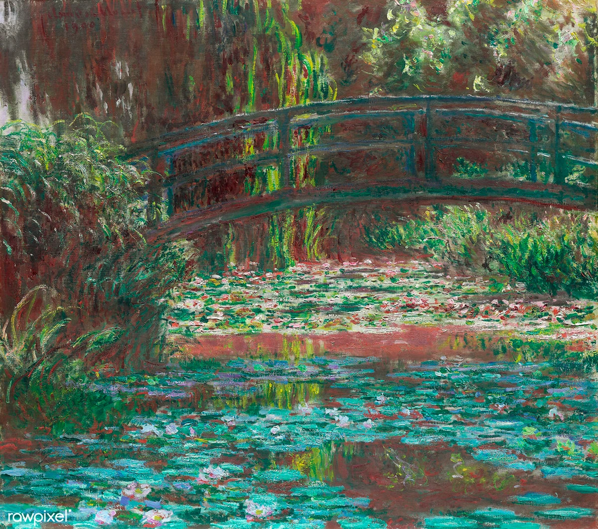 Impressionist painting of Monet's Water Lilies with Japanese bridge in garden | High-quality art theory example | Free download under Flickr license