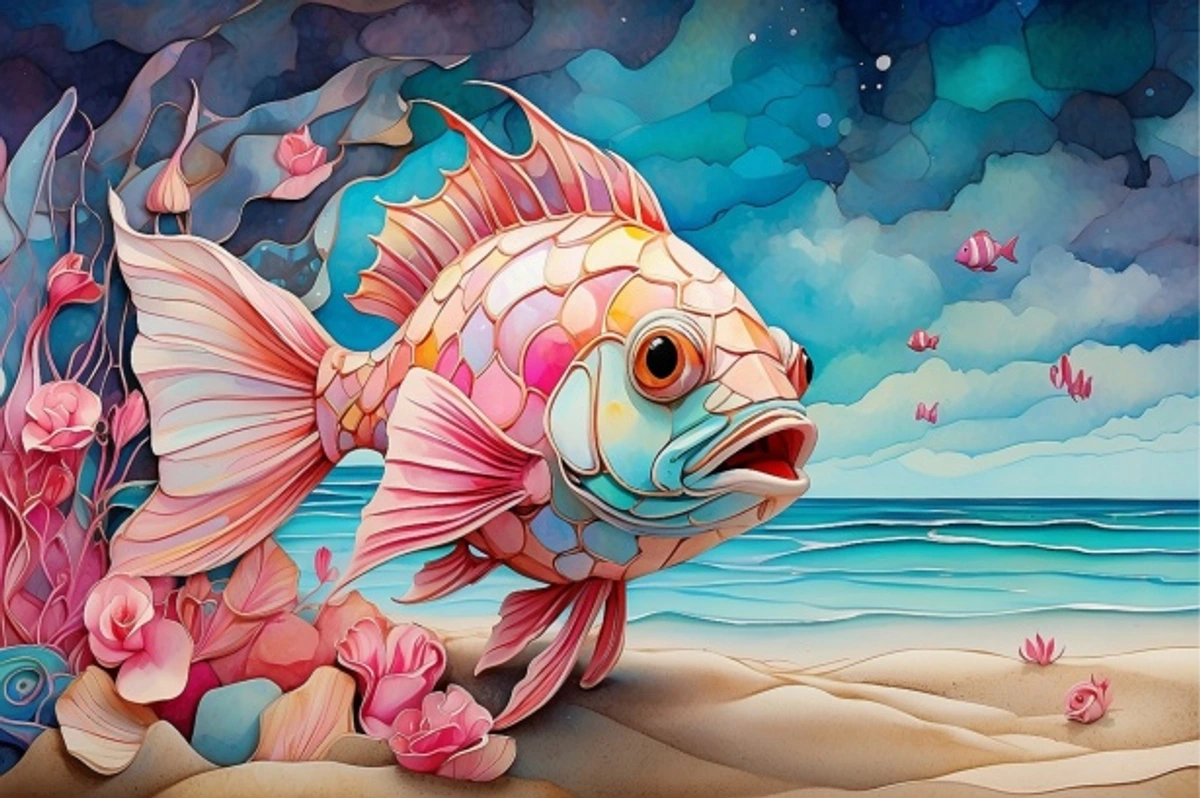 Whimsical abstract fish art with pastel colors, perfect for coastal interior decorating. Features a large, colorful fish with intricate scales, surrounded by stylized coral and flowers, with a serene ocean and sky in the background.