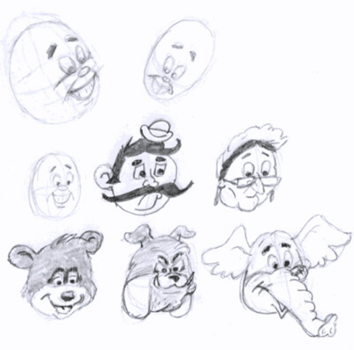 Preston Blair-style drawing tutorial depicting human and animal expressions for character development
