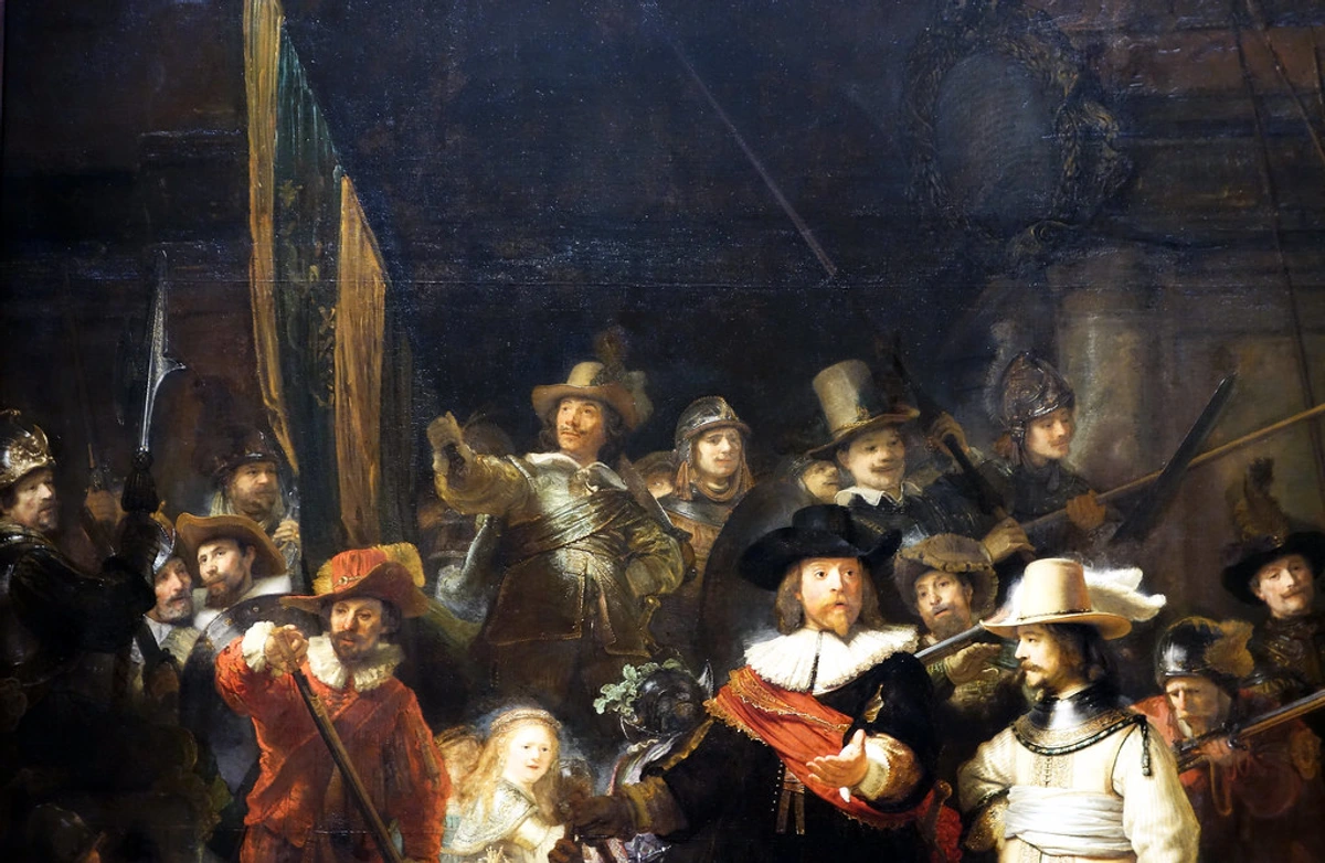 Rembrandt's The Night Watch: Dynamic detail with figures highlighting Baroque art mastery and enduring historical impact.