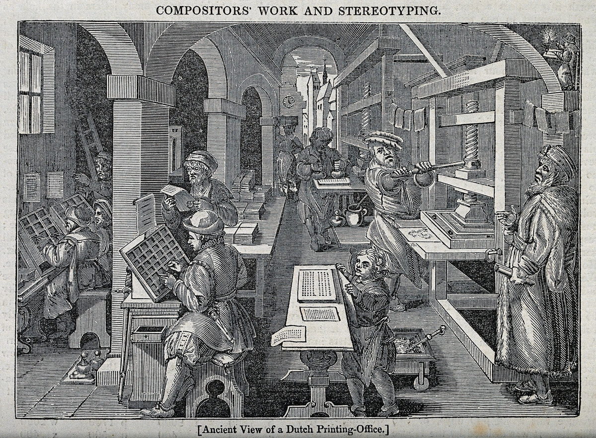 Compositors' work and stereotyping: An ancient view of a Dutch printing office, showing men setting type, operating a printing press, and other related tasks.