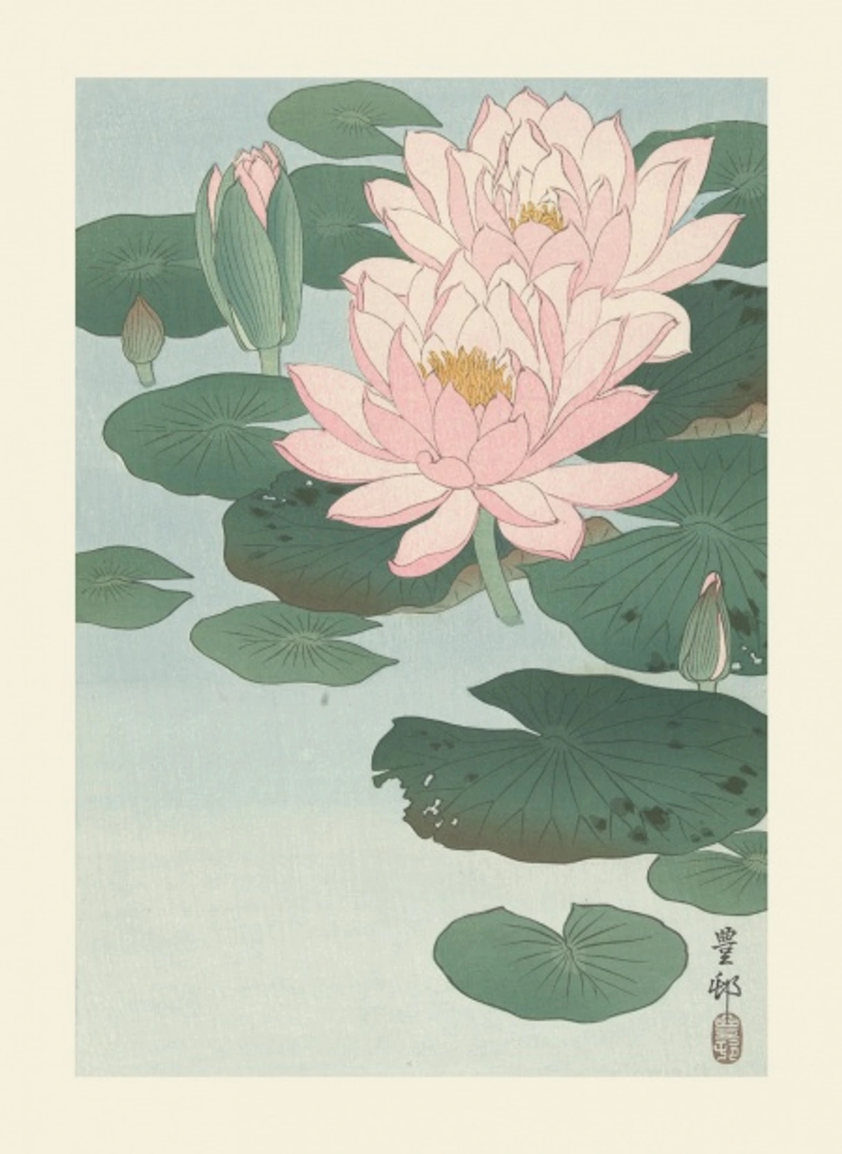 Vintage Japanese art print of pink water lilies and green lily pads on a pale blue background, with artist's signature and seal in the lower right corner.