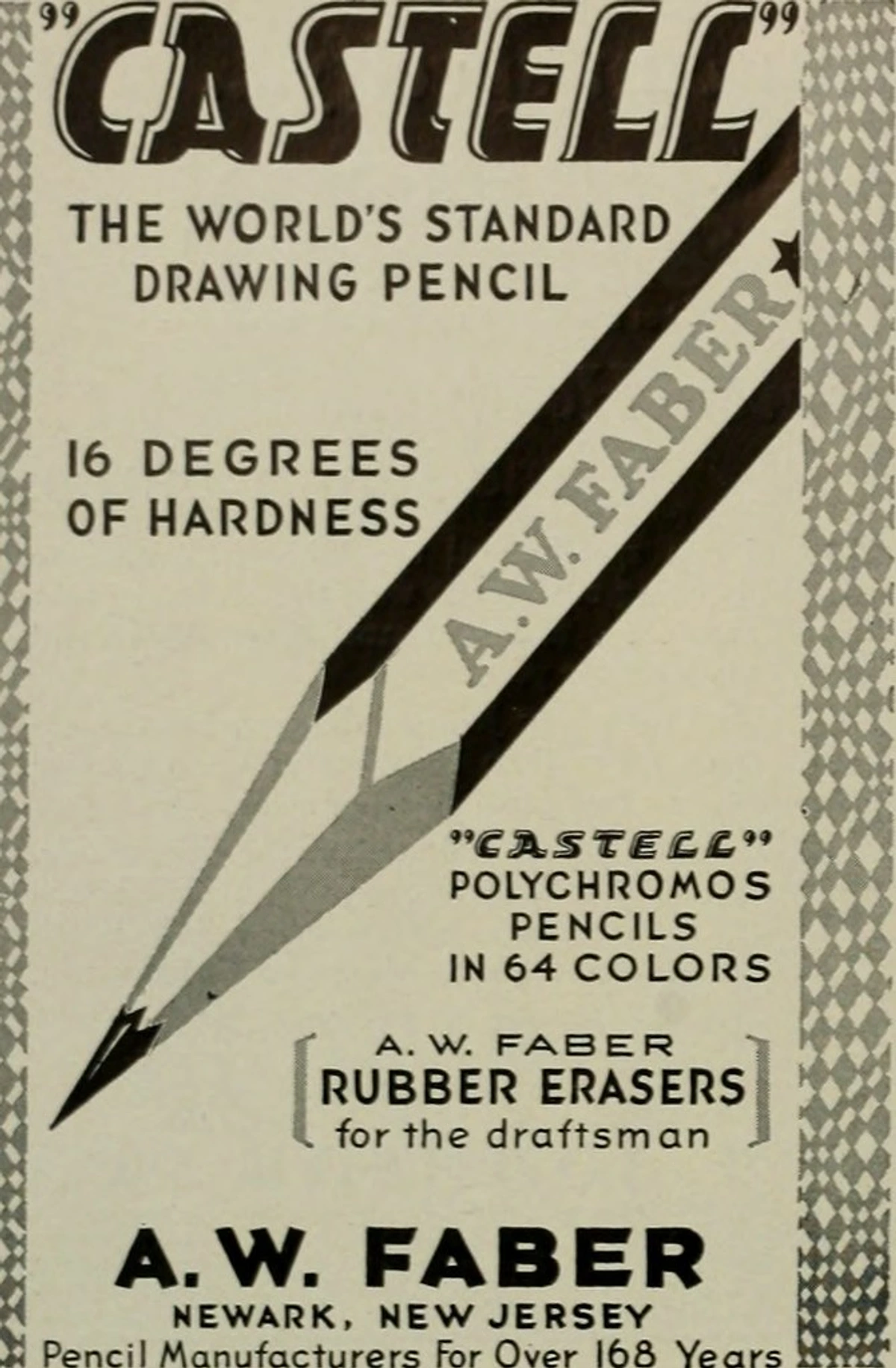 Advertisement for A.W. Faber Castell drawing pencils, highlighting 16 degrees of hardness and Castell Polychromos pencils in 64 colors, along with A.W. Faber rubber erasers for draftsmen.