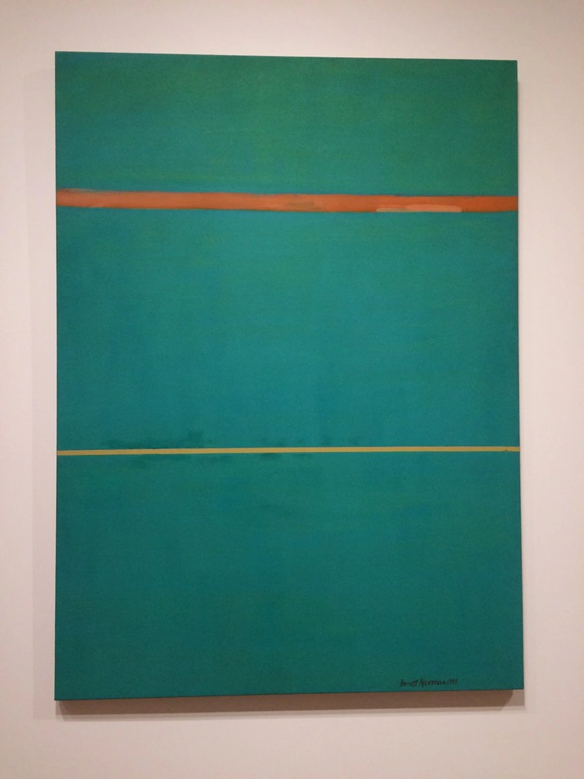 Barnett Newman's abstract painting "Dionysius" featuring a horizontal orange line above a horizontal yellow line on a teal background, displayed at the National Gallery of Art in 2016.