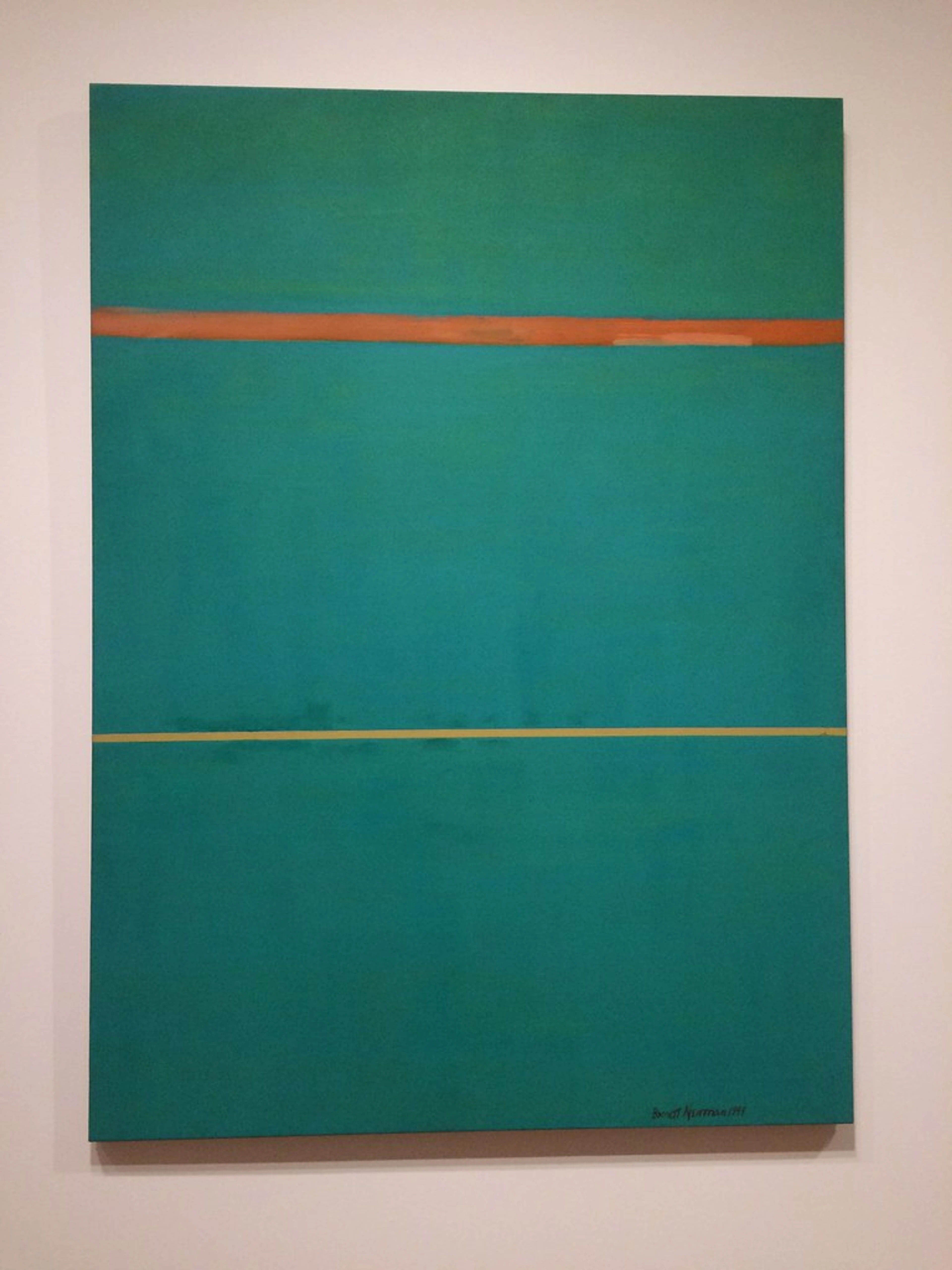 Barnett Newman's abstract painting "Dionysius" featuring a horizontal orange line above a horizontal yellow line on a teal background, displayed at the National Gallery of Art in 2016.