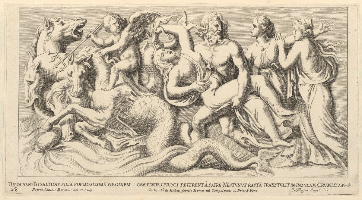 The Abduction of Europa by Neptune, engraving after a design by Petrus Sanctus Bartolus, depicting Neptune abducting Europa in a chariot pulled by sea horses, with cupids and sea creatures.