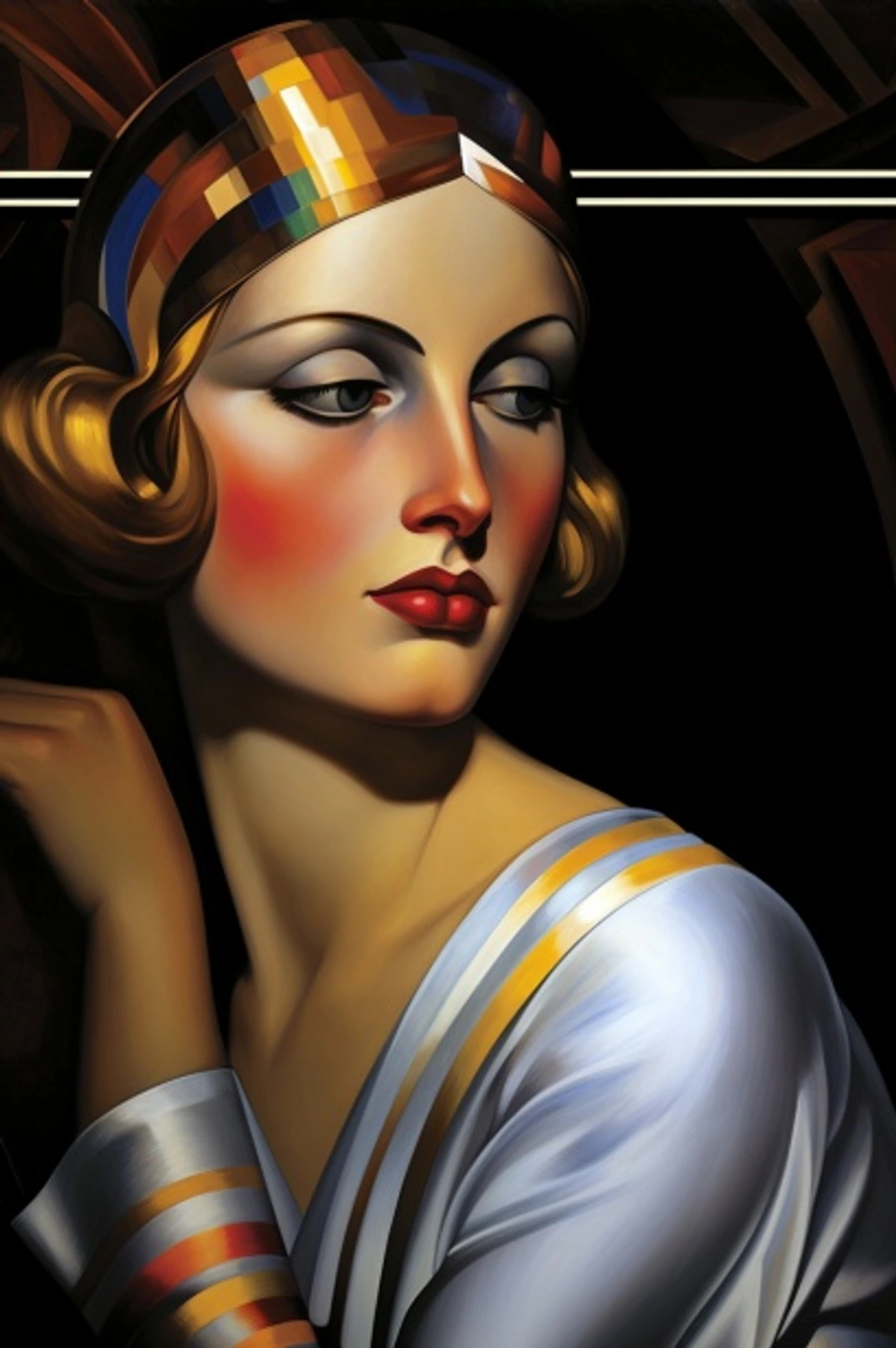 Art Deco woman portrait with geometric headband and elegant dress