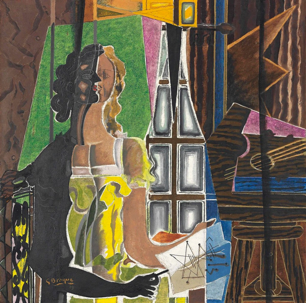 Georges Braque's 1939 Cubist painting 'The Model', depicting a split female figure with elements of a studio and musical instruments.
