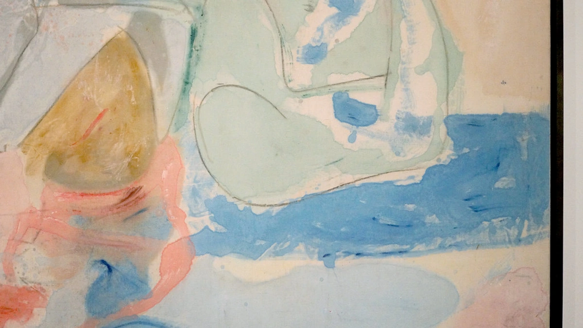 Detail of Helen Frankenthaler's abstract painting 'Mountains and Sea', showcasing fluid shapes and a vibrant color palette.
