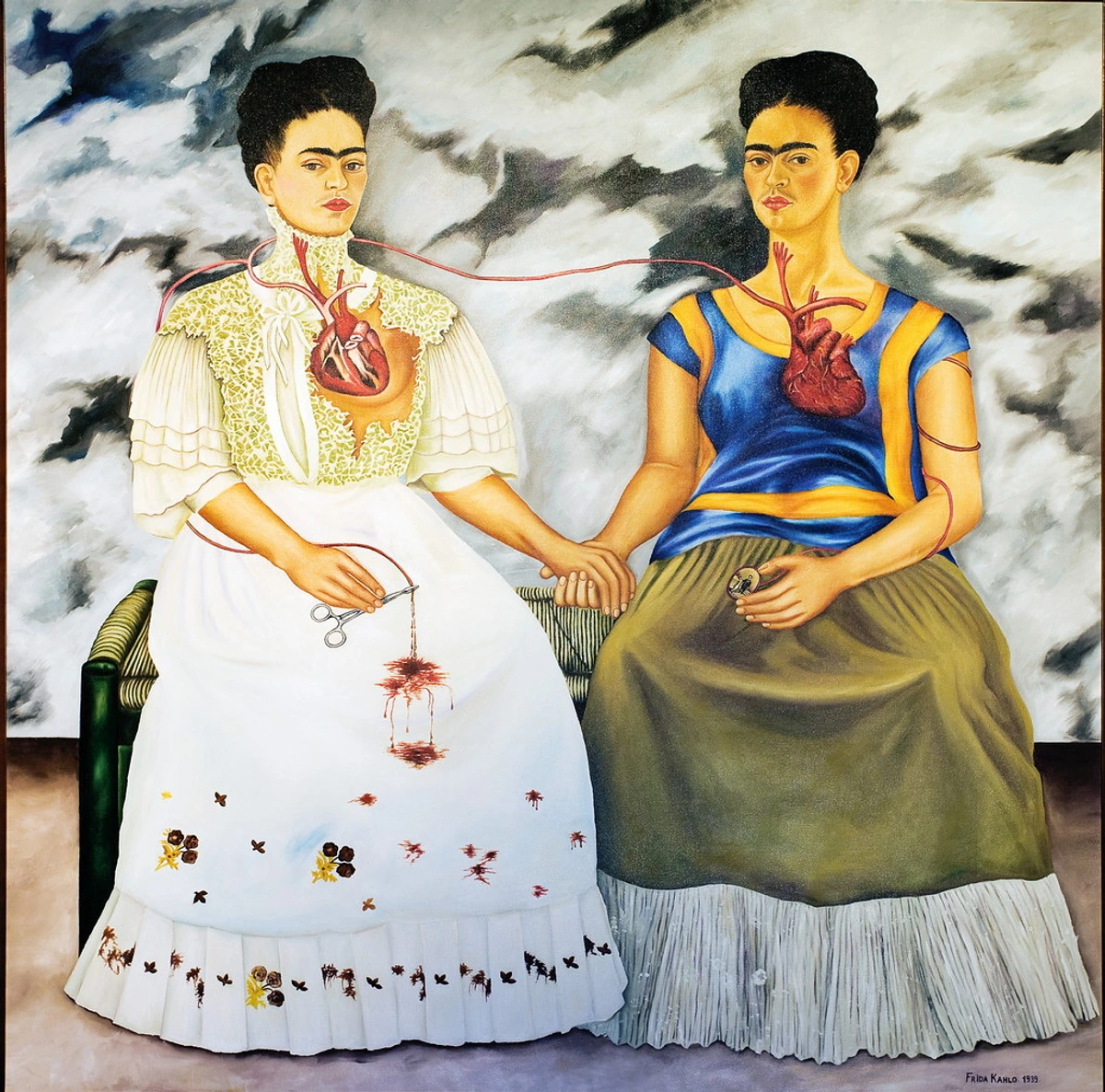The Two Fridas by Frida Kahlo, a surrealist painting depicting two versions of the artist connected by a vein, one holding surgical scissors.