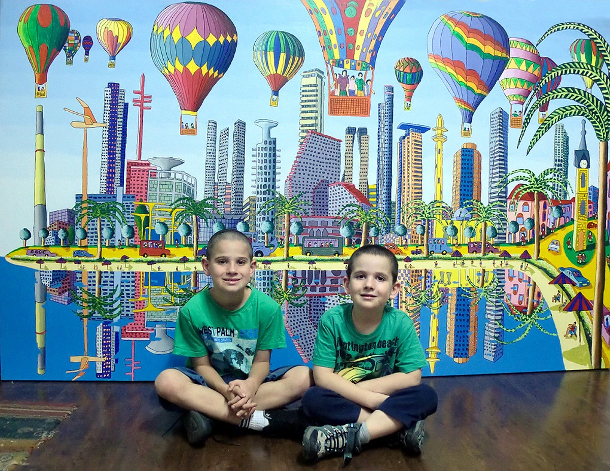 Two boys proudly displaying their artworks at a school art club event, surrounded by colorful paintings and jars filled with vibrant colors. The scene embodies finding magic in everyday creativity through imaginative art activities for children.